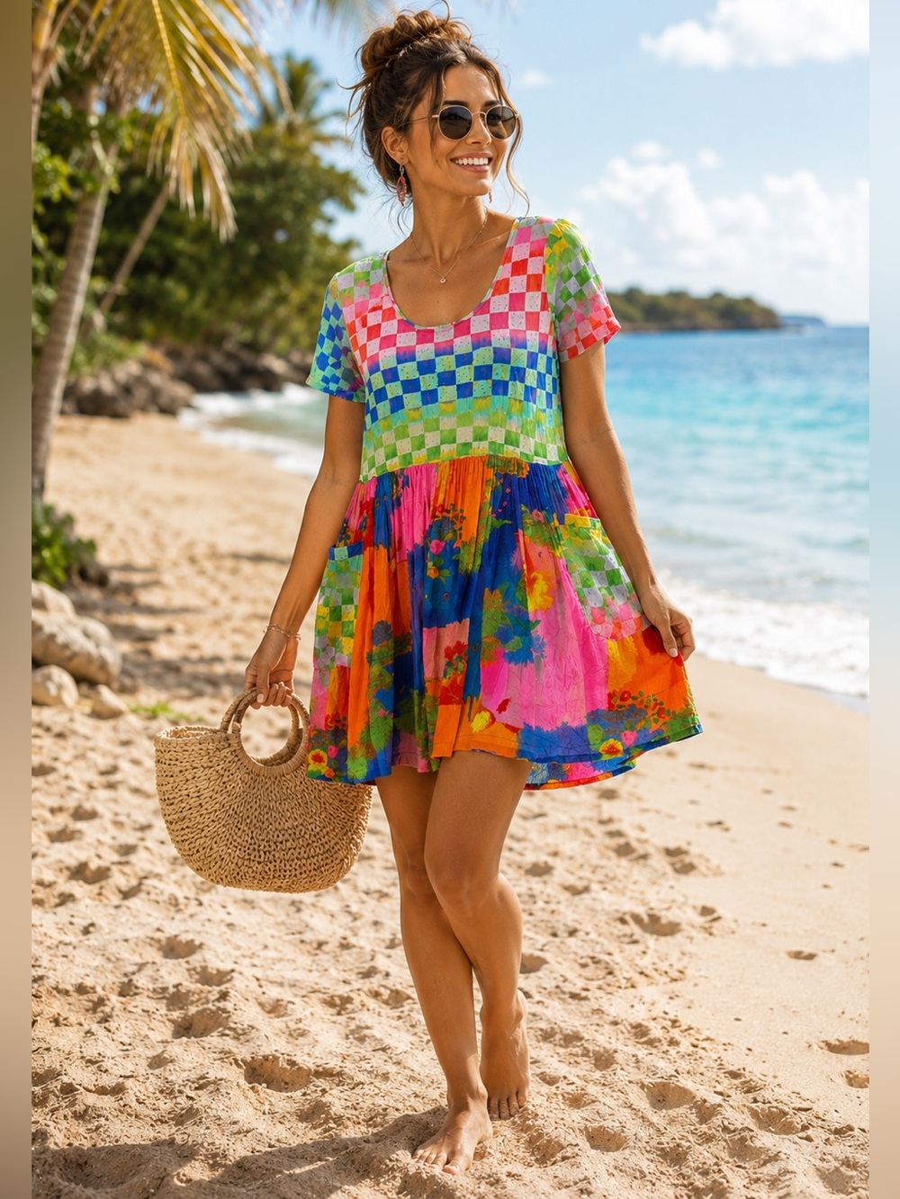 Rare VTG Jams World Hawaii Colorful Rainbow Checkered Floral Rayon Mini Dress